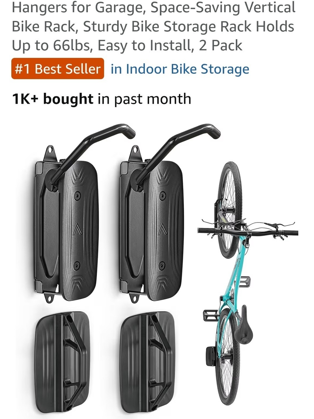 Vertical Wall Bike Rack Hook - Black (2 Pack)